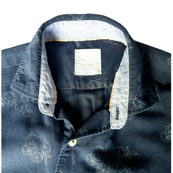 Steel & Jelly SZ M Linen & Cotton Navy Print Men's Short Sleeve Button Up Shirt - Picture 3 of 14